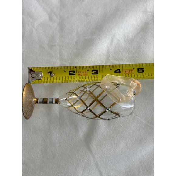 Handcrafted Glass Champagne Flute Ornament With Gold Diamond Grid & Ribbon Embel - Picture 4 of 4